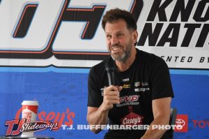 Brian Brown taking questions from the media on Tuesday before the Knoxville Nationals. (T.J. Buffenbarger Photo)