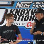 Ryan Timms (L) chatting with Wade Aunger (R) during the press conference leading into the 65th NOS Energy Drink Knoxville Nationals presented by Casey's. (T.J. Buffenbarger Photo)
