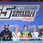 (L to R) Second place James McFadden, winner Sheldon Haudenschild, and third place Jace Park after the feature event Wednesday night at Knoxville Raceway. (Mark Funderburk Photo)