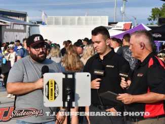 (L to R) Dominic Scelzi, Connor Wade, and Dave Rieff while doing the pre-race show for DIRTVision Thursday night at Knoxville Raceway. (TJ Buffenbarger Photo)