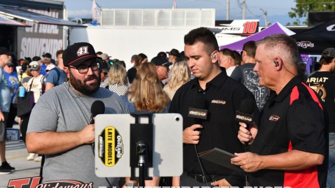 (L to R) Dominic Scelzi, Connor Wade, and Dave Rieff while doing the pre-race show for DIRTVision Thursday night at Knoxville Raceway. (Mark Funderburk Photo)