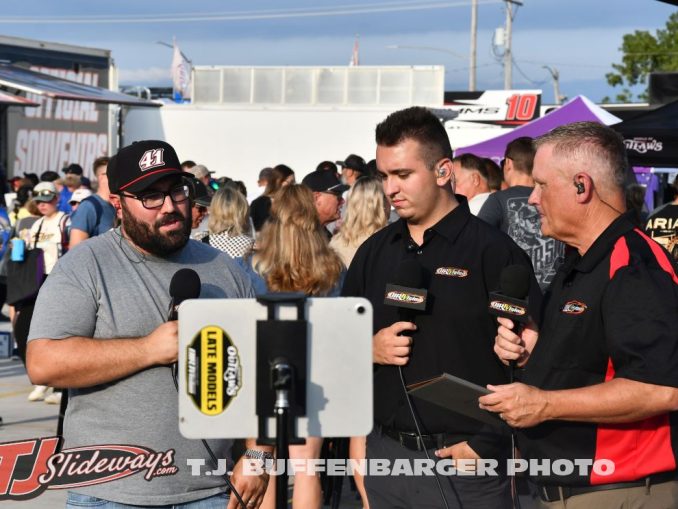 (L to R) Dominic Scelzi, Connor Wade, and Dave Rieff while doing the pre-race show for DIRTVision Thursday night at Knoxville Raceway. (Mark Funderburk Photo)