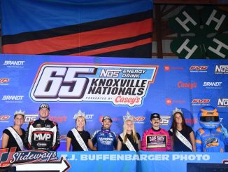 (L to R) Third place Brent Marks, winner Kyle Larson, and second place Garet Williamson. (T.J. Buffenbarger Photo)