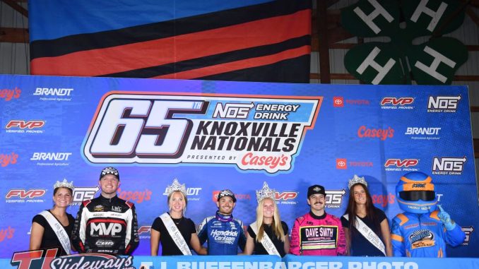 (L to R) Third place Brent Marks, winner Kyle Larson, and second place Garet Williamson. (T.J. Buffenbarger Photo)