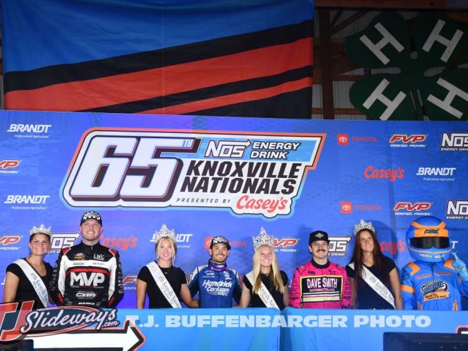 (L to R) Third place Brent Marks, winner Kyle Larson, and second place Garet Williamson. (T.J. Buffenbarger Photo)