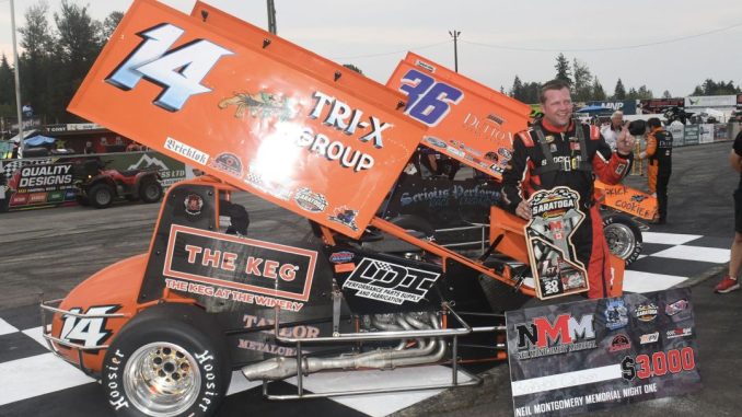 Brandon Carlson in victory lane at Saratoga Speedway. (David Sink Photo)