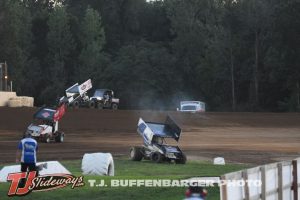 Boston Mead had a scary moment during preliminary action at Butler Motor Speedway on Friday when his car caught fire. (T.J. Buffenbarger Photo)