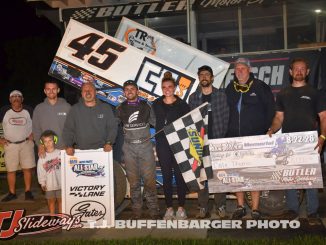 Cale Thomas with his race team in victory lane after winning the Chuck Wilson Memorial Saturday at Butler Motor Speedway. (T.J. Buffenbarger Photo)