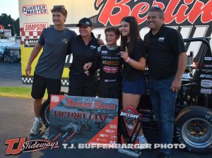 Danny O'Gara with his family in victory lane Friday night at Berlin Raceway after winning the USSA Kenyon Midget feature event. (T.J. Buffenbarger Photo)