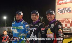(L to R) Third place Dakota Armstrong, winner Tyler Roahrig, and second place Kody Swanson after the 500 Sprint Car Tour feature Friday at Berlin Raceway. (T.J. Buffenbarger Photo)