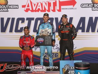 (l to r) Second place Rico Abreu, winner Kyle Larosn, and third place David Gravel after the Capitani Classic Sunday at Knoxville Raceway. (Action Photo)