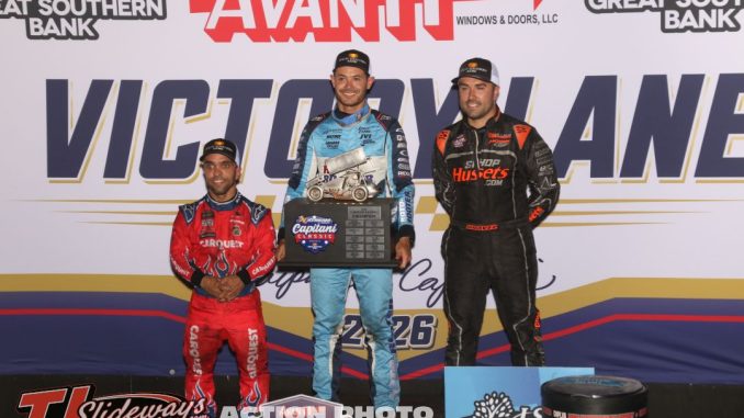 (l to r) Second place Rico Abreu, winner Kyle Larosn, and third place David Gravel after the Capitani Classic Sunday at Knoxville Raceway. (Action Photo)