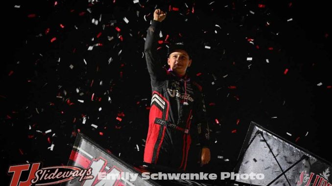 Jett Barnes celebrates his first career ASCS National Tour feature victory at Sheridan Speedway. (Emily Schwanke Photo)
