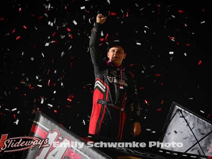Jett Barnes celebrates his first career ASCS National Tour feature victory at Sheridan Speedway. (Emily Schwanke Photo)