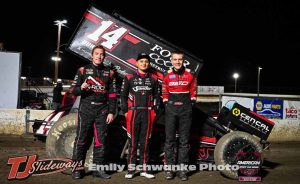 (L to R) Second place Matt Covington, winner Jett Barnes, and third place Garrett Benson after the ASCS National Tour event at Sheridan Speedway. (Emily Schwanke Photo)