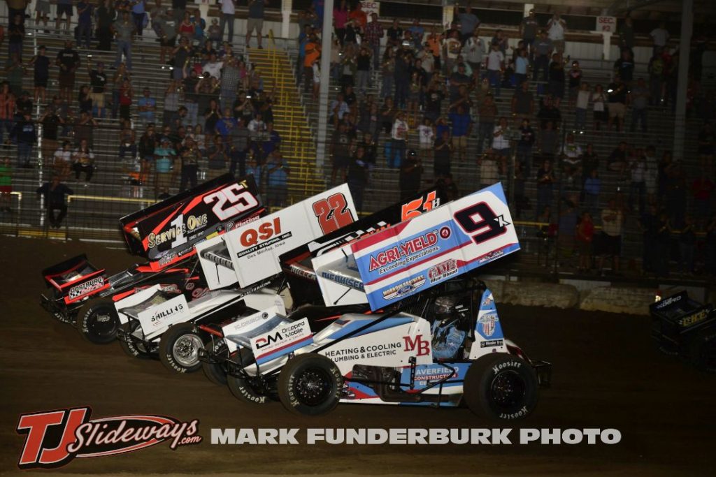 The parade lap for the IRA Sprint Cars at Jacksonville Speedway with Paul Nienhiser (#9), Joe B Miller (#51), Riley Goodno (#22), and Travis Arenz (#25). (Mark Funderburk Photo)