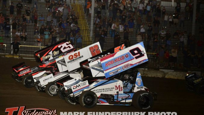 The parade lap for the IRA Sprint Cars at Jacksonville Speedway with Paul Nienhiser (#9), Joe B Miller (#51), Riley Goodno (#22), and Travis Arenz (#25). (Mark Funderburk Photo)
