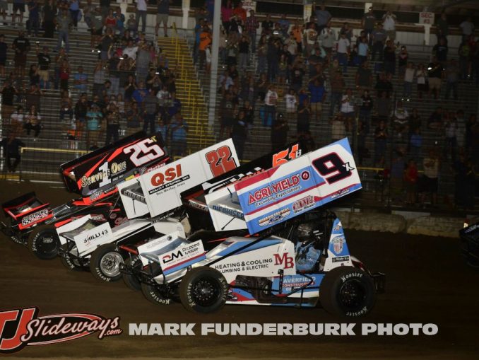 The parade lap for the IRA Sprint Cars at Jacksonville Speedway with Paul Nienhiser (#9), Joe B Miller (#51), Riley Goodno (#22), and Travis Arenz (#25). (Mark Funderburk Photo)