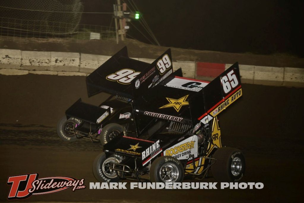Jordan Goldesberry (#65) racing with Joey Moughan (#99) Friday at Jacksonville Speedway with the Interstate Racing Association. (Mark Funderburk Photo)