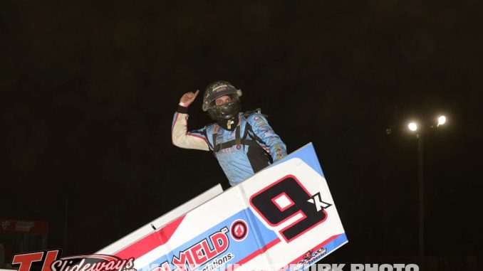 Paul Nienhiser celebrates after winning the IRA Sprint Car Series feature at Jacksonville Speedway. (Mark Funderburk Photo)