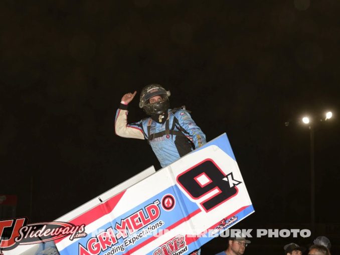 Paul Nienhiser celebrates after winning the IRA Sprint Car Series feature at Jacksonville Speedway. (Mark Funderburk Photo)