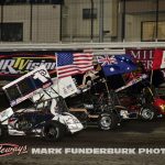 Logan Schuchart (#1S), Scott Bocuki (#1K), and Skylar Gee (#16C) during opening ceremonies on Thursday at Knoxville Raceway. (Mark Funderburk Photo)