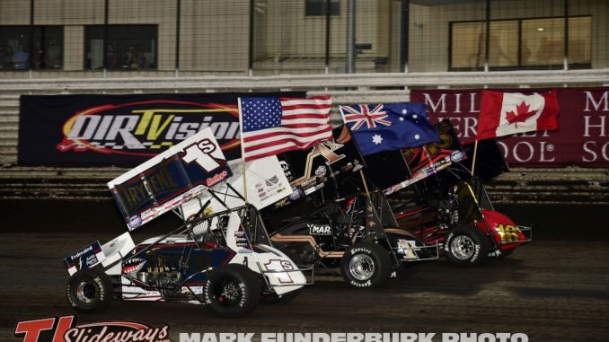 Logan Schuchart (#1S), Scott Bocuki (#1K), and Skylar Gee (#16C) during opening ceremonies on Thursday at Knoxville Raceway. (Mark Funderburk Photo)