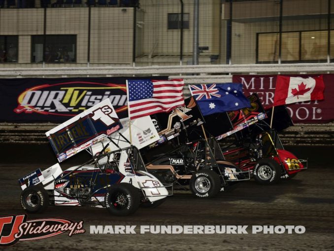 Logan Schuchart (#1S), Scott Bocuki (#1K), and Skylar Gee (#16C) during opening ceremonies on Thursday at Knoxville Raceway. (Mark Funderburk Photo)