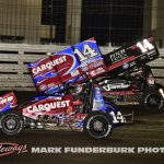 Rico Abreu (#14TSR) racing with Corey Day (#14) Wednesday night at Knoxville Raceway. (Mark Funderburk Photo)