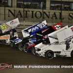 The parade lap for Wednesday night's prelminary feature with Jace Park (#28), Cole Macedo (#2C), Chase Dietz (#23), and Sye Lynch (#42). (Mark Funderburk Photo)