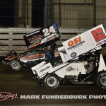 Riley Goodno (#22) racing with Christopher Thram (#24T) Wednesday night at Knoxville Raceway. (Mark Funderburk Photo)
