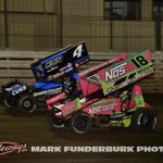 Kasey Kahne (#4) racing with Sheldon Haudenschild. (#18) Wednesday night at Knoxville Raceway. (Mark Funderburk Photo)