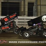 David Gravel (#2) racing with Zach Hampton (#6T) Wednesday night at Knoxville Raceway. (Mark Funderburk Photo)
