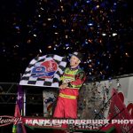 Sheldon Haudenschild after his last lap pass to win the feature event Wednesday night during the 65th Knoxville Nationals. (Mark Funderburk Photo)