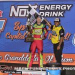 Sheldon Haudenschild posing with Justin Clark after winning the feature event Wednesday night at Knoxville Raceway. (Mark Funderburk Photo)