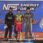 (L to R) Second place James McFadden, winner Sheldon Haudenschild, and third place Jace Park after the feature event Wednesday night at Knoxville Raceway. (Mark Funderburk Photo)