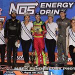 (L to R) Second place James McFadden, winner Sheldon Haudenschild, and third place Jace Park after the feature event Wednesday night at Knoxville Raceway. (Mark Funderburk Photo)