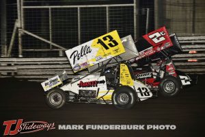 Cole Macedo (#2C) racing with Tanner Holmes (#13) Saturday during the 65th Knoxville Nationals. (Mark Funderburk Photo)