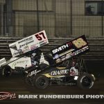 Kyle Larson (#57) lapping Tanner Thorson (#88) Saturday during the finale of the 65th Knoxville Nationals. (Mark Funderburk Phooto)