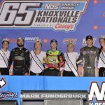 (L to R) Second place James McFadden, winner Sheldon Haudenschild, and third place Jace Park after the feature event Wednesday night at Knoxville Raceway. (Mark Funderburk Photo)