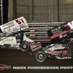 Kyle Larson (#57) lapping Corey Day (#14) during the 65th Knoxville Nationals. (Mark Funderburk Photo)