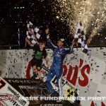 Kyle Larson with son Owen on top of the wing after winning the 65th Knoxville Nationals. (Mark Funderburk Photo)