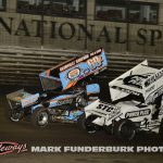 Daryn Pittman (#69K) racing with Aaron Reutzel (#87) Thursday at Knoxville Raceway. (Mark Funderburk Photo)