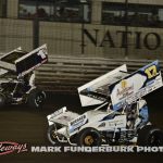 Logan Schuchart (#1S) racing with Chris Martin (#44) Thursday at Knoxville Raceway. (Mark Funderburk Photo)
