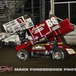 Kyle Larson (#57) racing with Austin McCarl (#88) Thursday at Knoxville Raceway. (Mark Funderburk Photo)