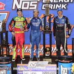 (L to R) Second place Sheldon Haudenschild, winner Kyle Larson, and third place Kasey Kahne after the 65th Knoxville Nationals. (Mark Funderburk Photo)