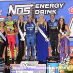 (L to R) Second place Sheldon Haudenschild, winner Kyle Larson, and third place Kasey Kahne after the 65th Knoxville Nationals with the Nationals queen and court. (Mark Funderburk Photo)