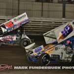 Creed Kemenah (#15K) racing with Ayrton Gennetten (#3) Thursday night at Knoxville Raceway. (Mark Funderburk Photo)