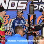 (L to R) Second place Sheldon Haudenschild, winner Kyle Larson, and third place Kasey Kahne after the 65th Knoxville Nationals discussing the feature event. (Mark Funderburk Photo)