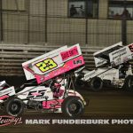 Garet Williamson (#23) racing with Kyle Larson (#57) Sunday at Knoxville Raceway. (Mark Funderburk Photo)